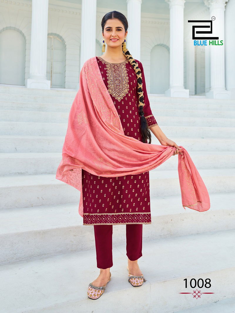 Swift By Blue Hills Rayon Foil Print Kurti With Bottom Dupatta Wholesale Shop In Surat
